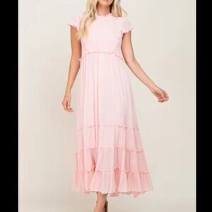 In Loom Pink Smocked Ruffle Tiered Maxi Dress Women’s L Cottagecore prairie READ